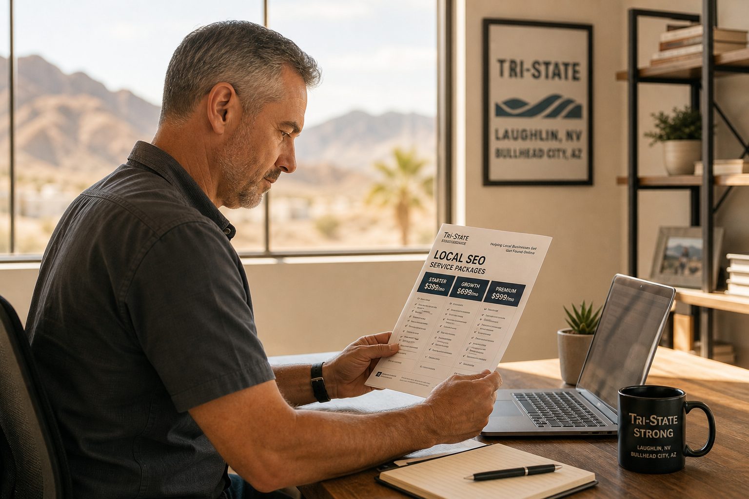 Owner reviewing a printed local SEO pricing sheet at a warm-lit desk