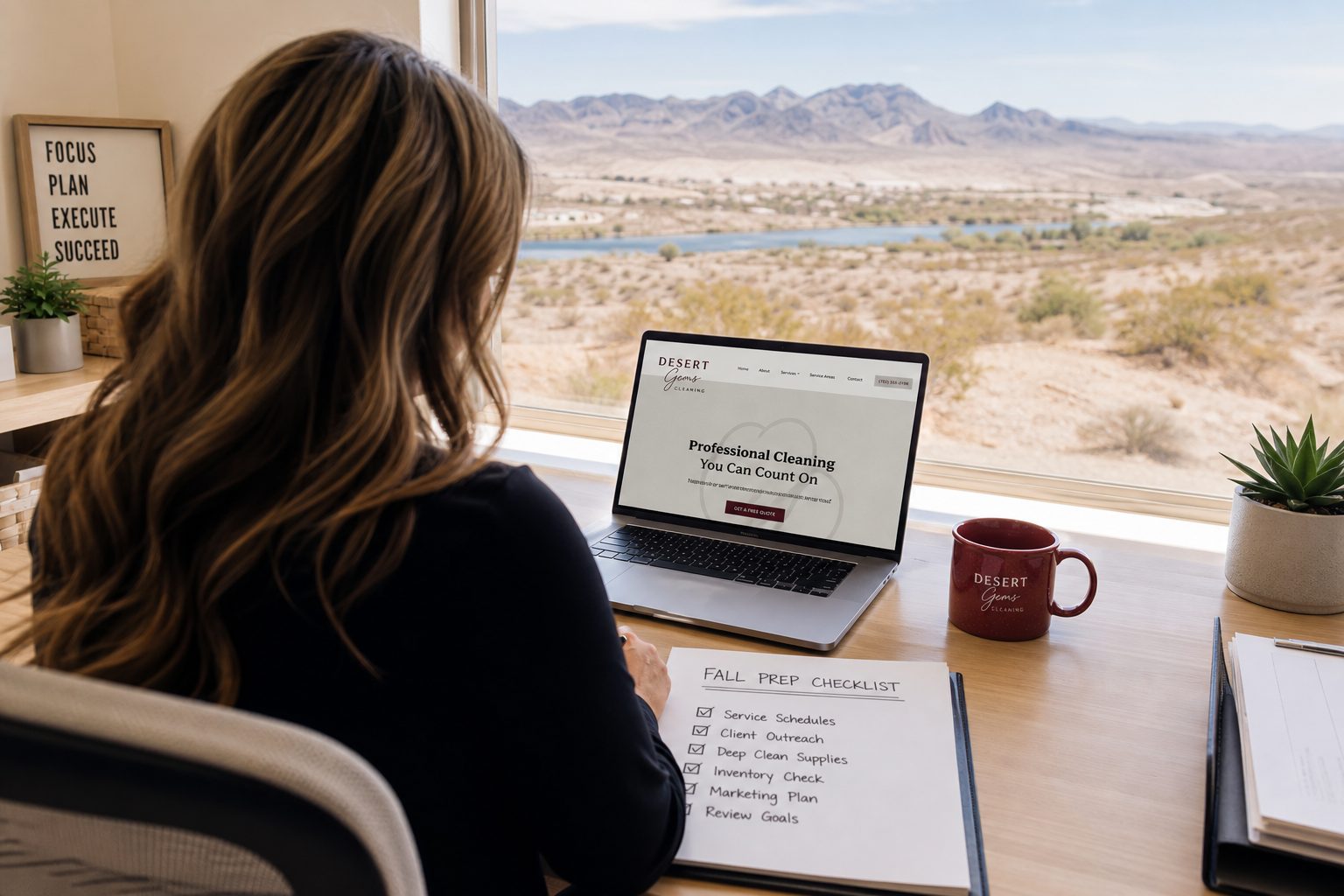 Desk by a window over the desert with a fall business checklist and laptop