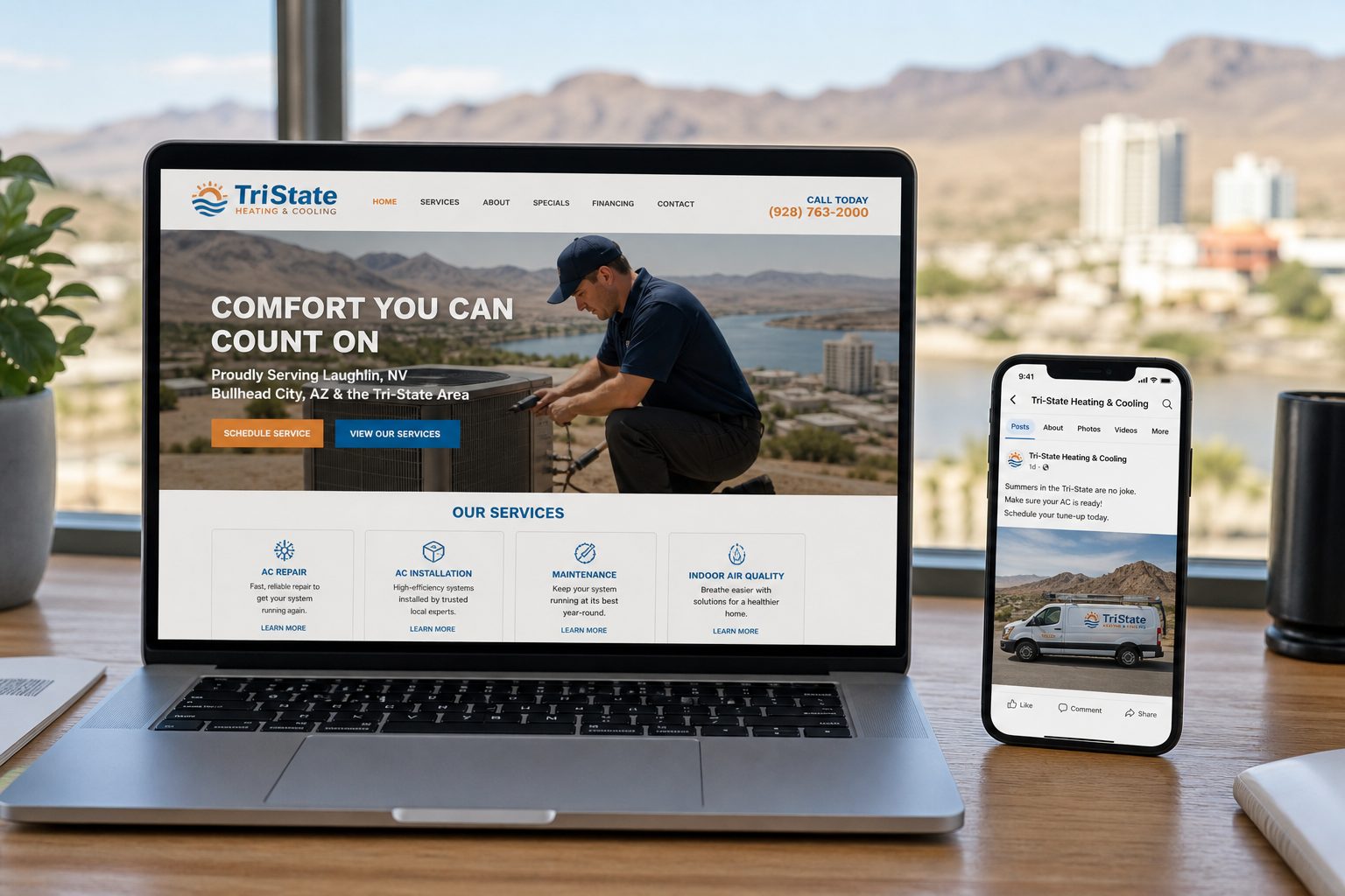 Laptop and phone side by side comparing a business website and a social page
