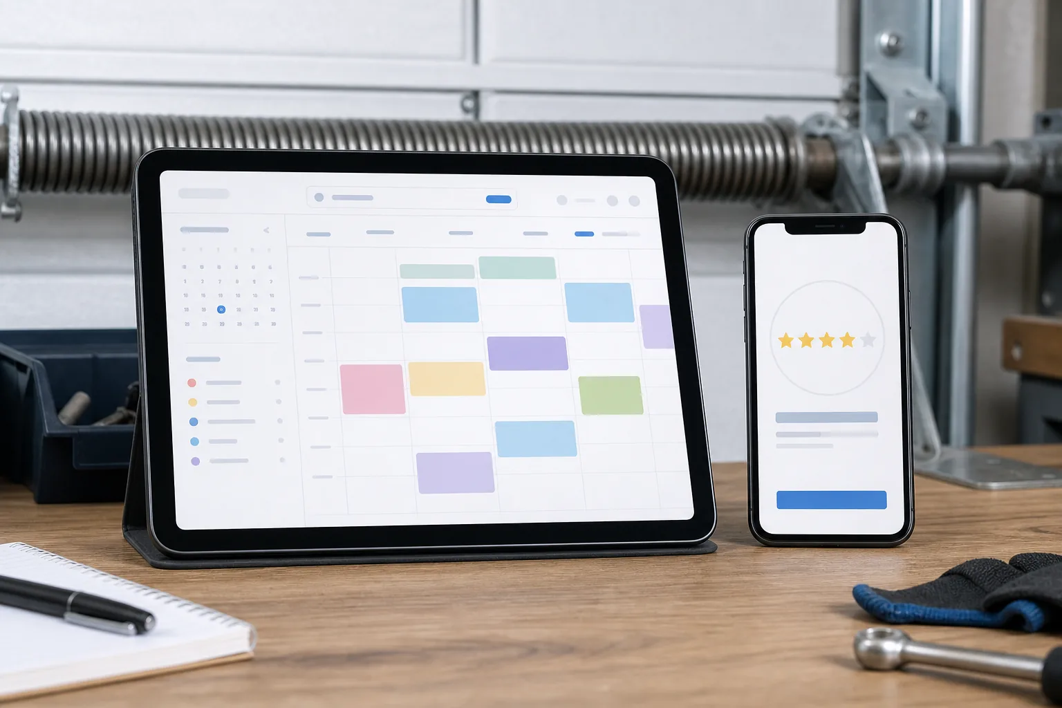 Booking confirmation and review request screens, garage door marketing pair