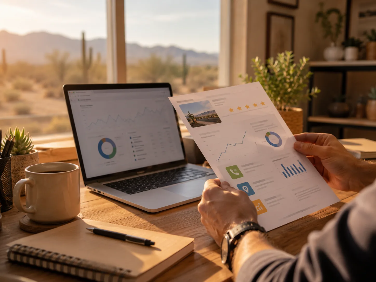 Owner reviewing a printed Google Business Profile management report