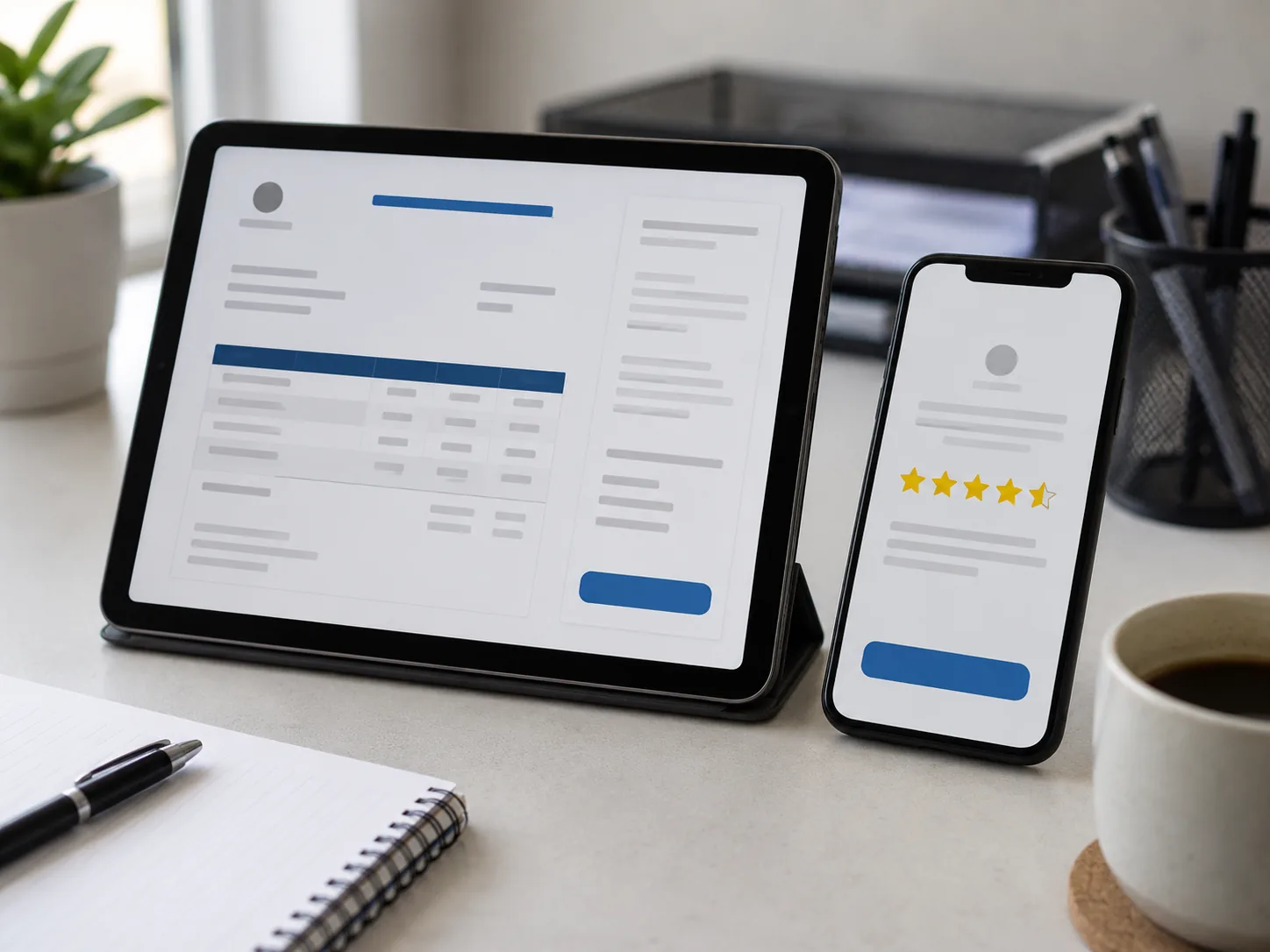 Tablet quote and phone review request, HVAC marketing automation pair
