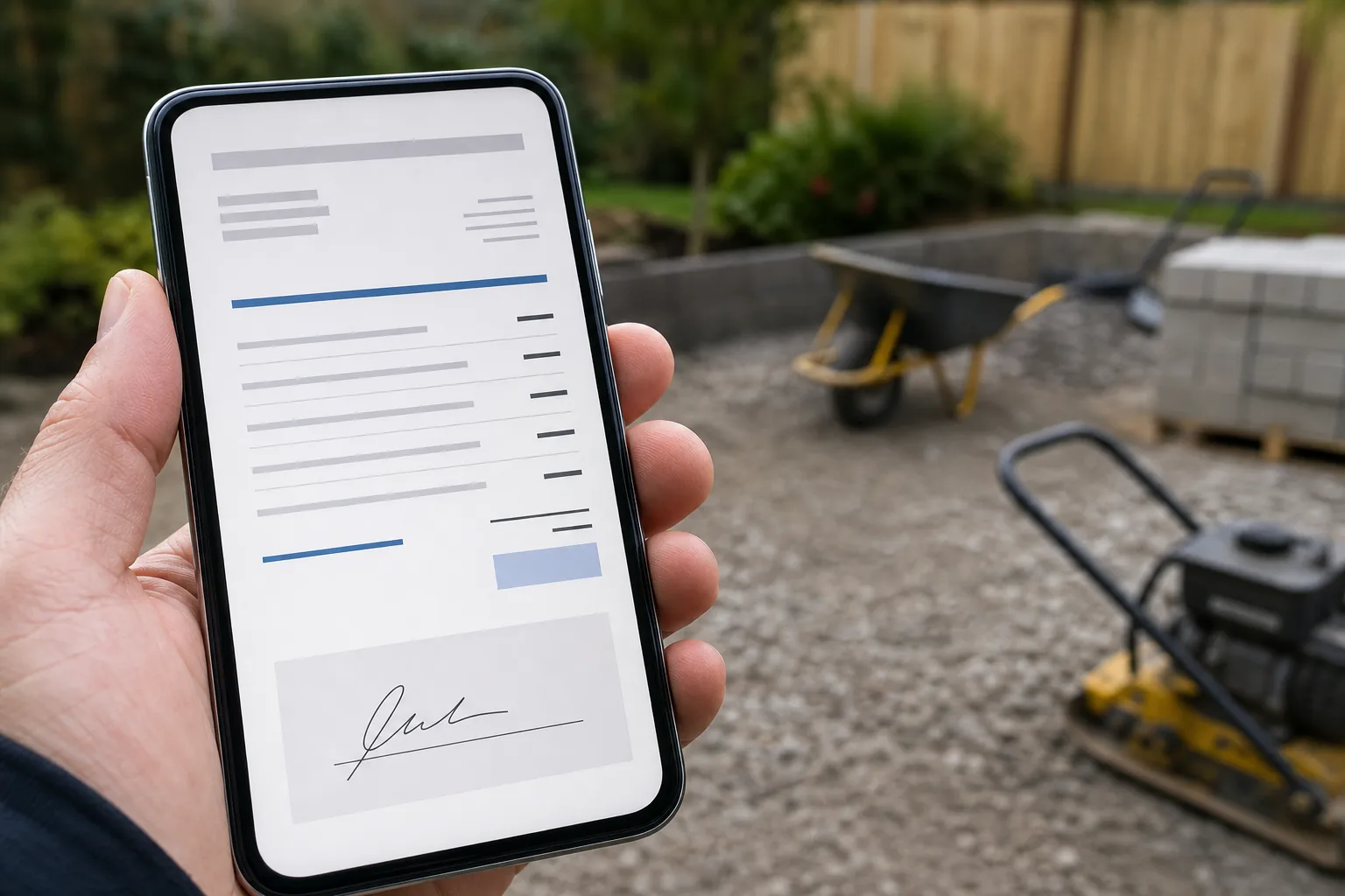Phone showing a landscaping estimate PDF, quote follow-up in action