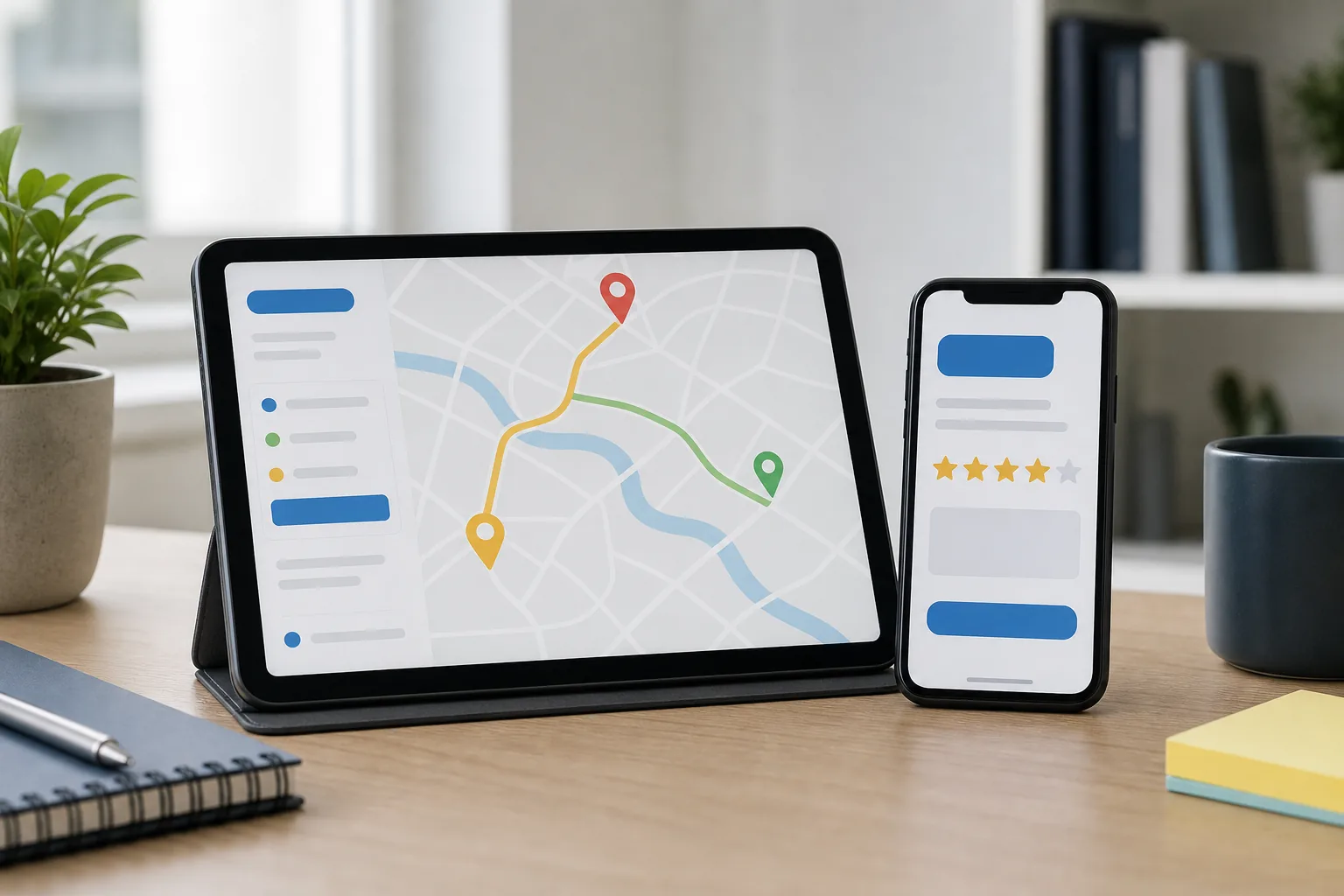 Route schedule and review request on two screens, pest control marketing pair
