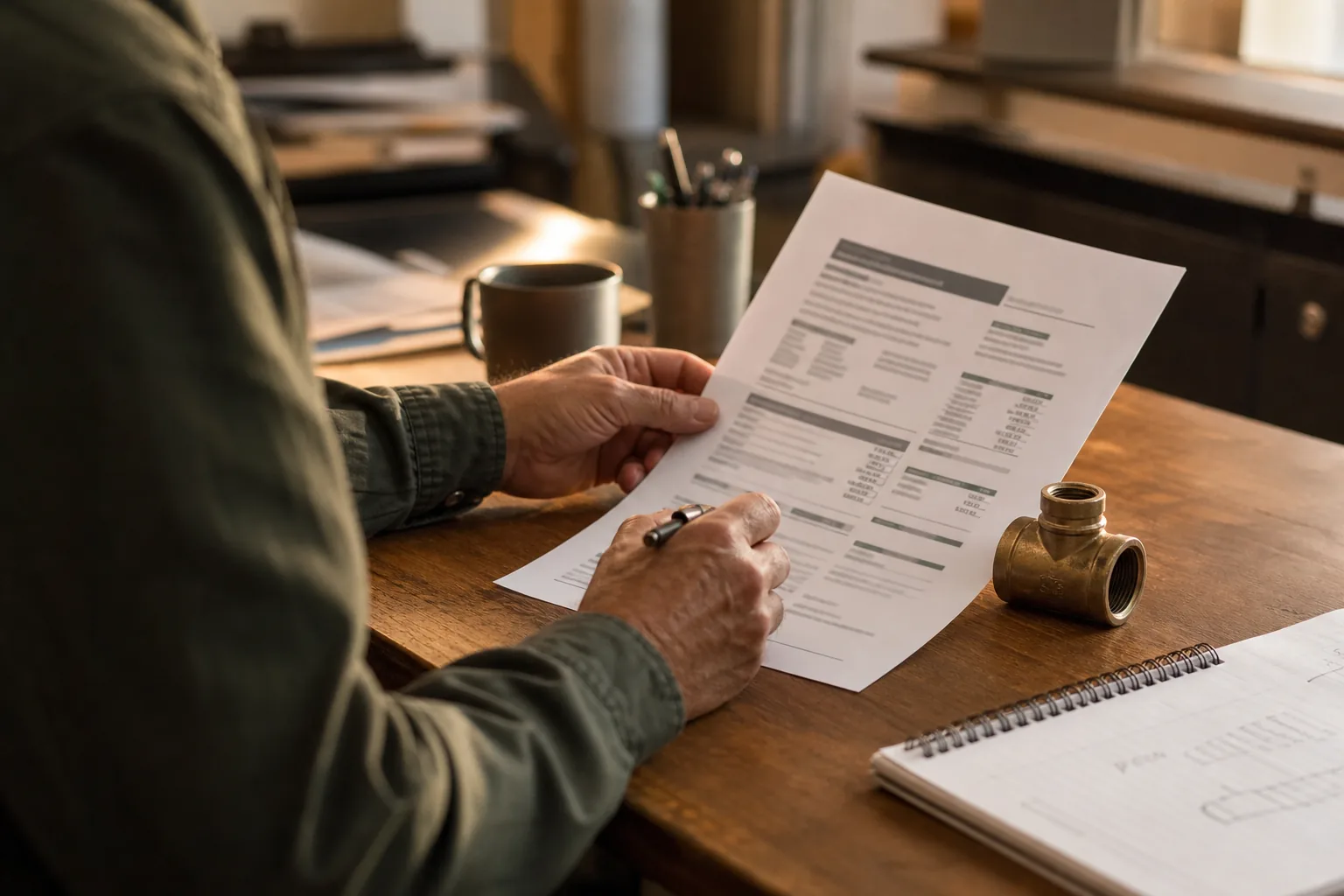 Printed plumbing estimate being reviewed, part of quote follow-up flow