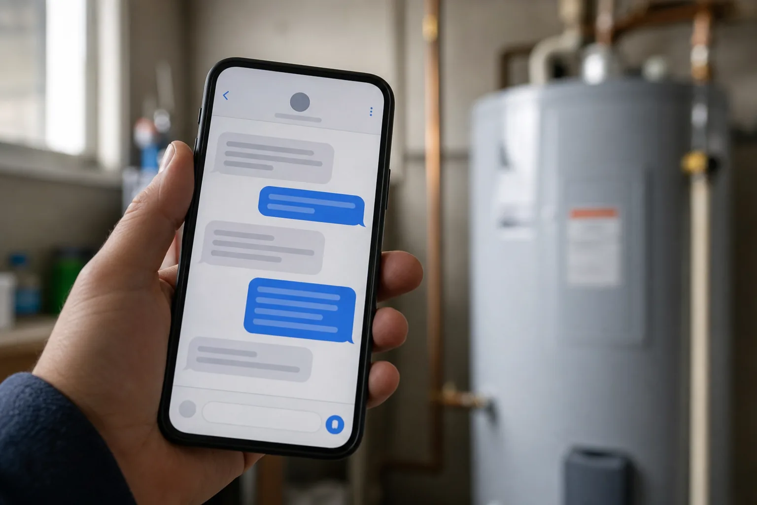 Phone showing instant text-back after a missed call to a plumbing company