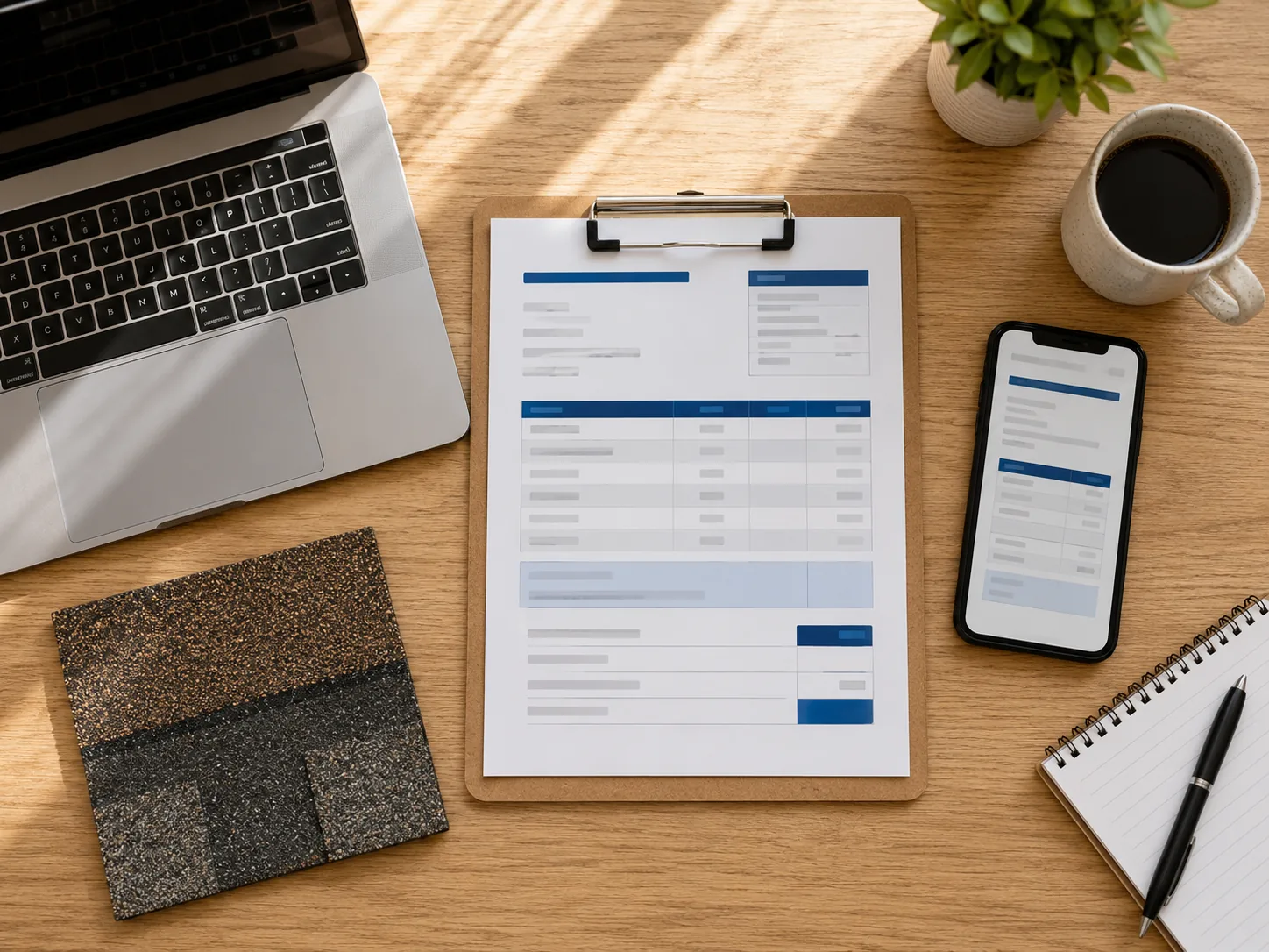 Desk flat-lay with quote paperwork and shingle sample for roofers